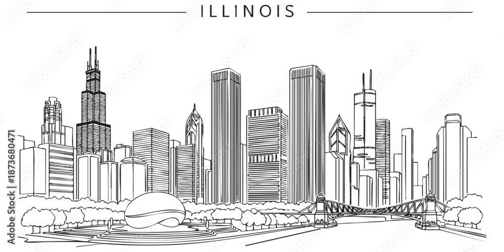 Obraz premium Illinois state skyline featuring Chicago city landmarks and Cloud Gate illustrated in a continuous one line drawing style.