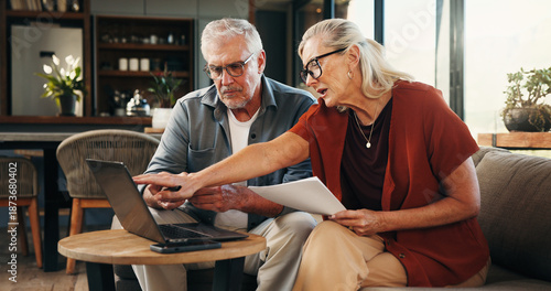 Fotografija Elderly couple, laptop and document in home for financial planning, investment or paperwork for retirement