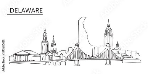 Delaware state skyline featuring Wilmington bridge and city buildings illustrated in a continuous one line drawing style.