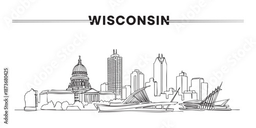 Wisconsin state skyline featuring Milwaukee Art Museum and capitol illustrated in a continuous one line drawing style.