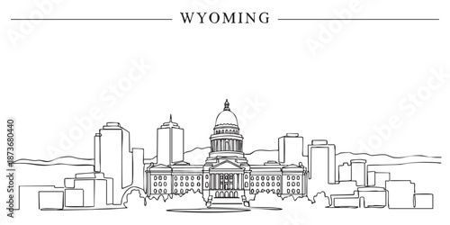 Wyoming state skyline featuring Cheyenne capitol building and mountains illustrated in a continuous one line drawing style.