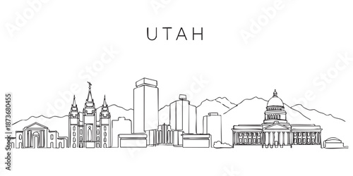 Utah state skyline featuring Salt Lake City Temple and mountains illustrated in a continuous one line drawing style.