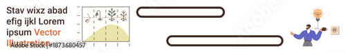 Data analysis, progress tracking, innovation, teamwork, presentations, and strategy planning. Graph data trends, alongside a character with a light bulb. Data analysis and innovation concept