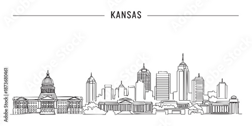 Kansas state skyline featuring state capitol dome and city buildings illustrated in a continuous one line drawing style.