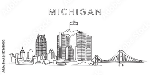 Michigan state skyline featuring Detroit Renaissance Center and bridge illustrated in a continuous one line drawing style.