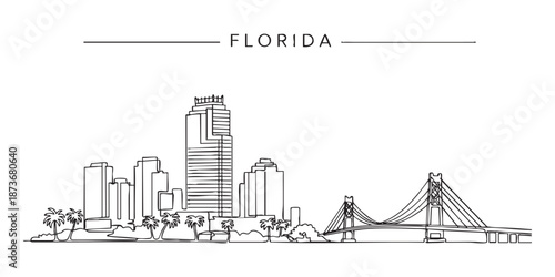 Florida state skyline with palm trees and modern city buildings illustrated in a continuous one line drawing style.