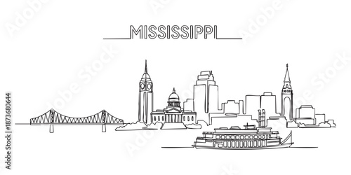 Tableau sur toile Mississippi state skyline featuring riverboat and capitol building illustrated in a continuous one line drawing style
