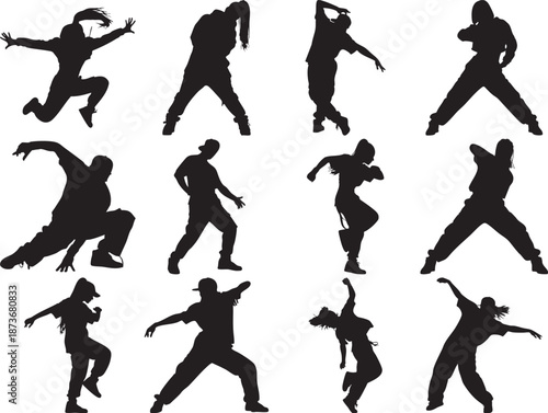 Black Silhouettes of People Dancing on White Background