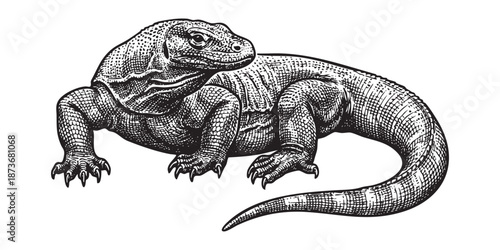 Komodo dragon lizard looking backward illustrated in a vintage black and white engraving style.