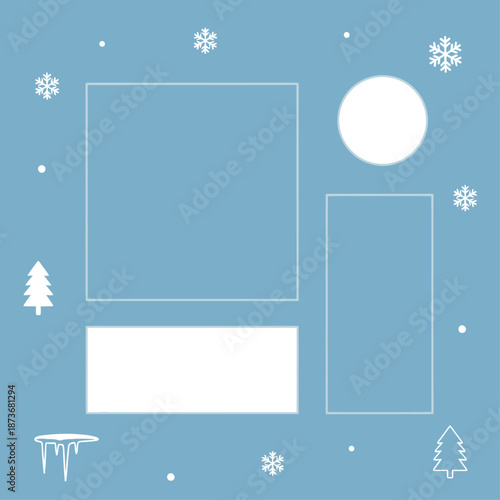 Winter themed background with snowflakes and trees.