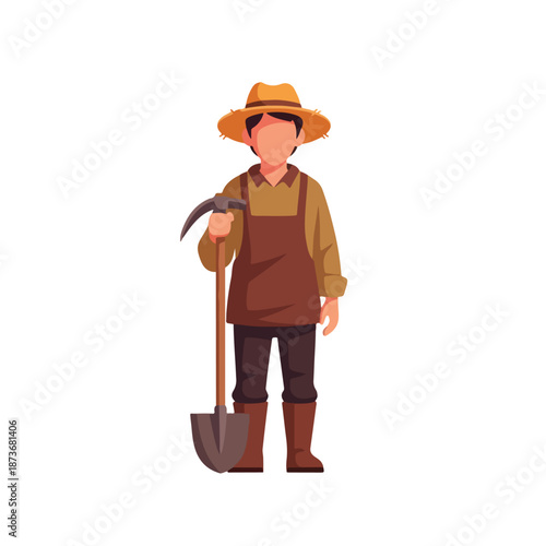 Farmer Character in Flat Design Style with Shovel and Straw Hat