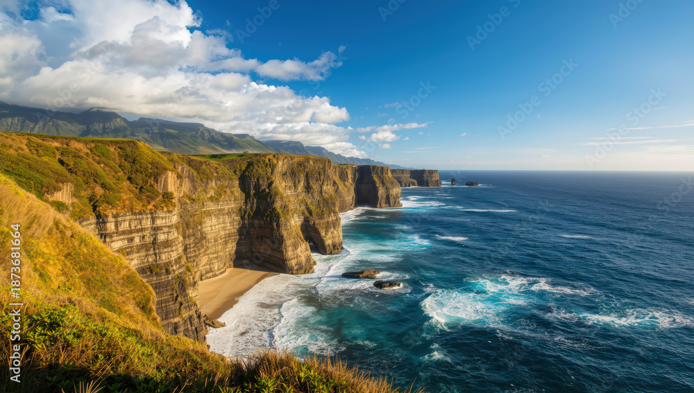 Fototapeta premium Cliff coastline ocean beach sea stack blue sky dramatic sunlight
