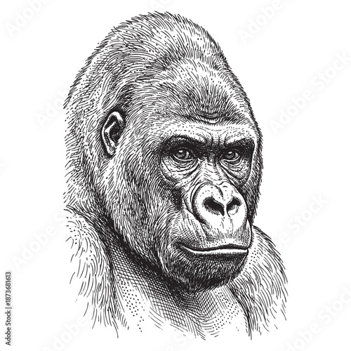 Serious Gorilla Face Hand Drawn Vintage Engraving Style Illustration