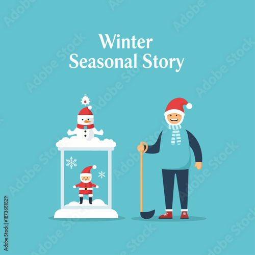 Illustration of a man and snowman in winter scene.