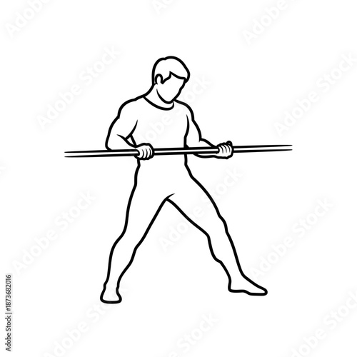 Simple line art of a muscular man in a wide stance bending a long horizontal bar with his hands.