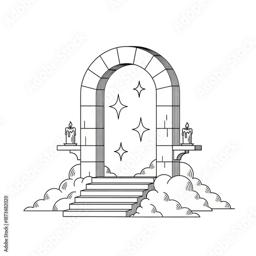 Mystical Stone Archway Portal with Stars Clouds and Candles Line Art Illustration.