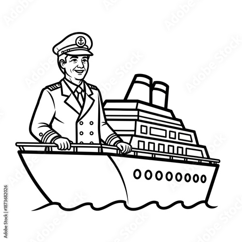Smiling ship captain in a doublebreasted uniform standing on the deck of a large cruise ship a black and white line art illustration.