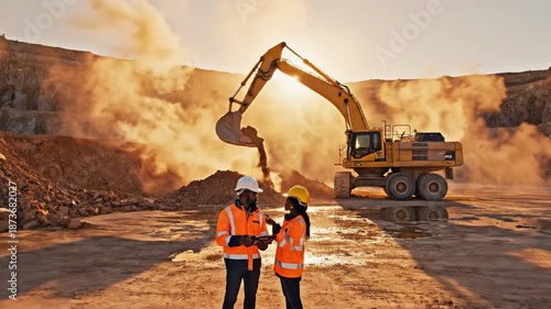 Construction Team's Dialogue: Two figures in a construction site engage in a discussion, as heavy machinery, bathed in sunlight, diligently excavates the earth.