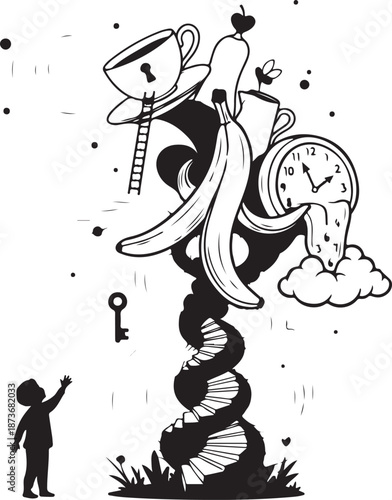 Whimsical illustration of surreal dreamlike scene with melting objects