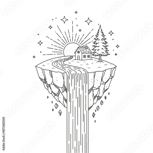 Surreal floating island with a waterfall house and rising sun in a minimalist line art style.