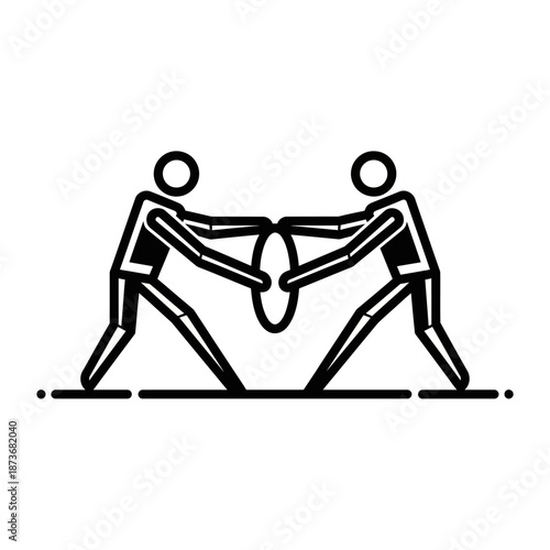 Two minimalist line art figures in a dynamic struggle pushing a central oval object in opposition.