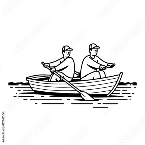 Two men in caps rowing in unison in a small boat a black and white graphic line art illustration.