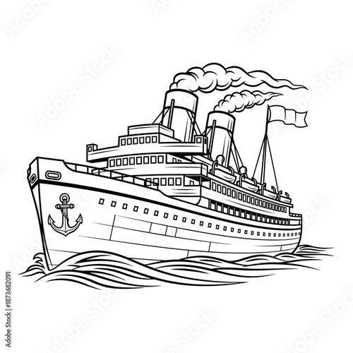 Vintage ocean liner steamship with smoking funnels and anchor a black and white line art illustration.