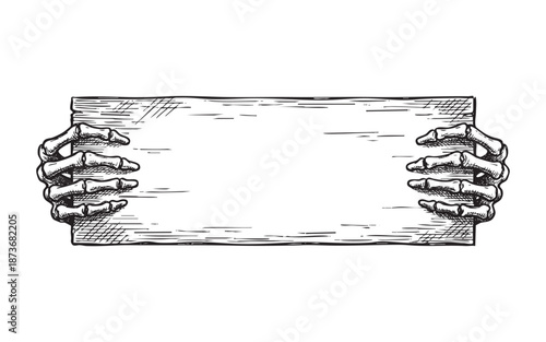 Skeleton Hands Holding a Blank Wooden Sign