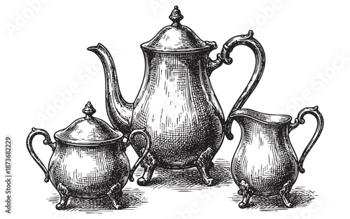 Silver Tea Set with Pot and Bowls Vintage Engraving Illustration