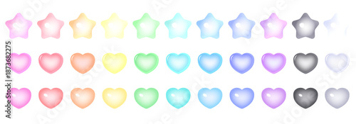 ぷっくりした星とハートのボタンイラストセット 光沢 3D質感 パステルカラー 多色展開