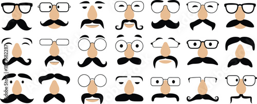 Grid of cartoon disguise faces featuring various glasses, noses, and mustache styles in playful novelty illustration on white background.