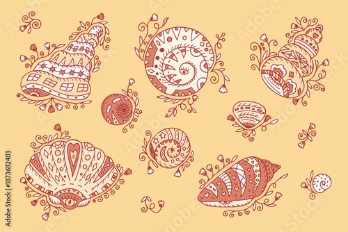 Vector Collection of doodle ornamental Seashells 