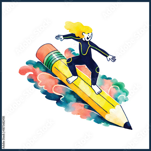 Creative Surfer Riding a Giant Pencil – Watercolor Illustration