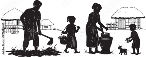Family working together in rural village setting silhouette illustration