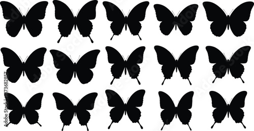 Collection of Butterfly Silhouettes, Various Flying Insect Shapes, Nature Wings Graphic Set, Black Spring Garden Elements,