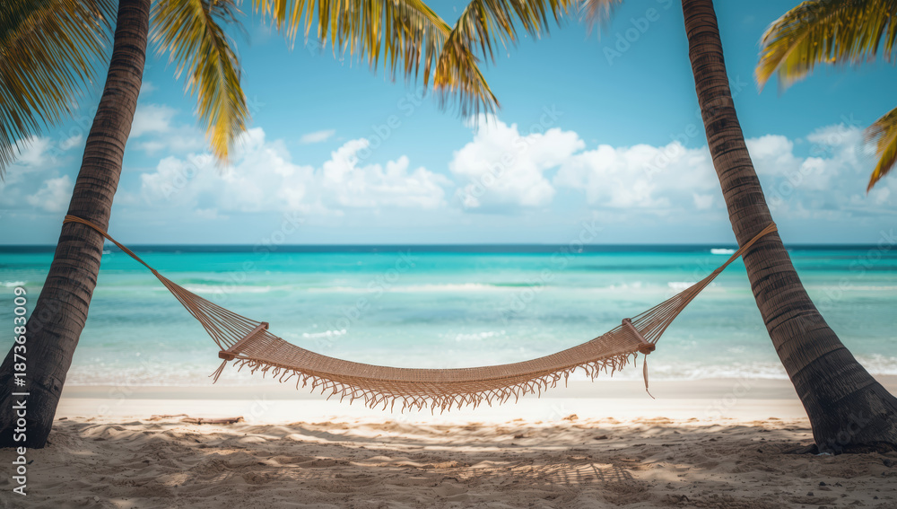 Fototapeta premium Tropical hammock between palm trees on sunny turquoise beach with calm waves and peaceful vibes