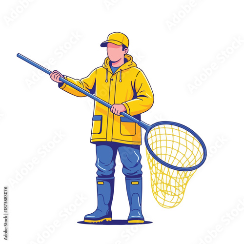 Minimalist Fisherman with Landing Net Vector Illustration