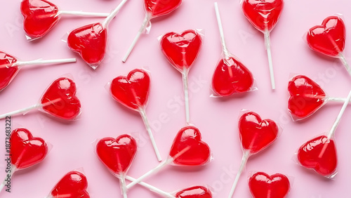 Heart Shaped Red Lollipops in Wrappers on Pink Background – Valentine Candy Flat Lay