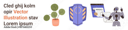 Business automation, finance, security, technology, nature, innovation. A plant in a pot, shield invoice and robot. Business automation and finance concepts visually