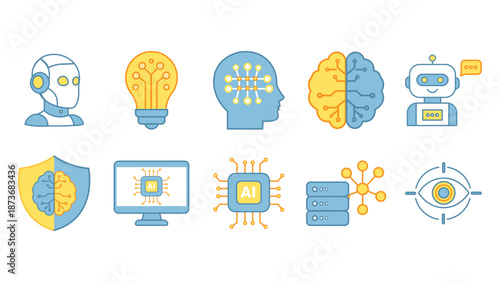 Collection of modern line icons related to artificial intelligence machine learning neural networks automation and smart technology