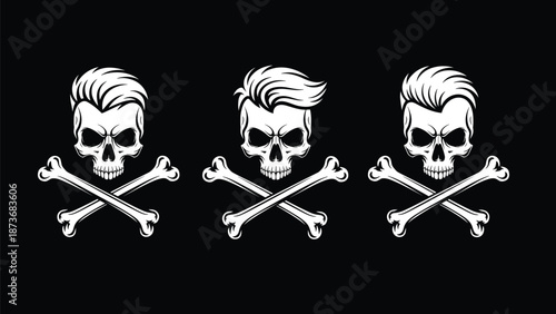 Three cool human skulls with stylish hair and crossbones on black background, gothic design, cad drawing flat vector illustration, isolated