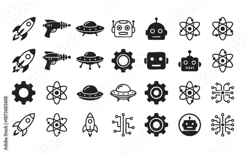 Science Fiction Icons Including Rocket UFO Robot and Atom