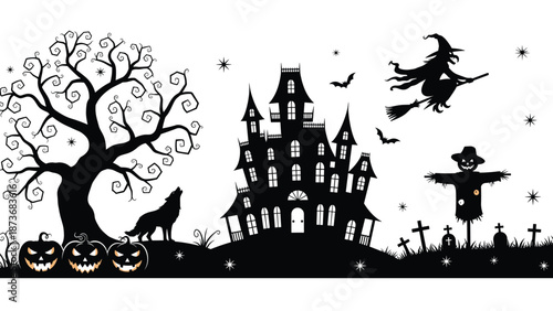 Spooky Halloween Silhouette Scene with Haunted Mansion, Flying Witch, Gnarled Tree, Jack-o-Lanterns, Wolf, Scarecrow, Cemetery, and Bats CAD Drawing Flat Vector Illustration