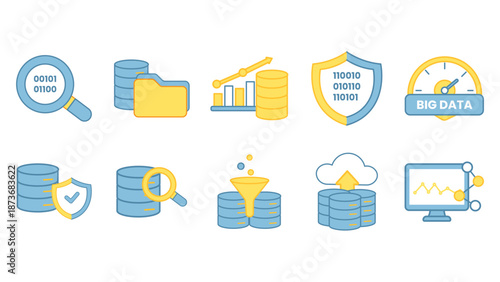 Collection of modern line icons related to big data analytics data processing storage visualization and digital information systems