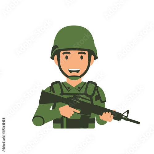 Cartoon Soldier Holding Rifle, Military Character with Helmet and Uniform, Vector Illustration
