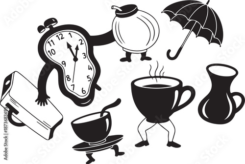 Whimsical black and white illustration of tea time objects