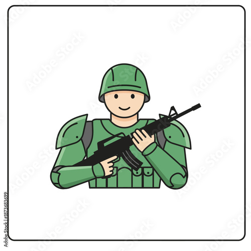 Cartoon Soldier Holding Rifle, Military Uniform, Flat Design Icon