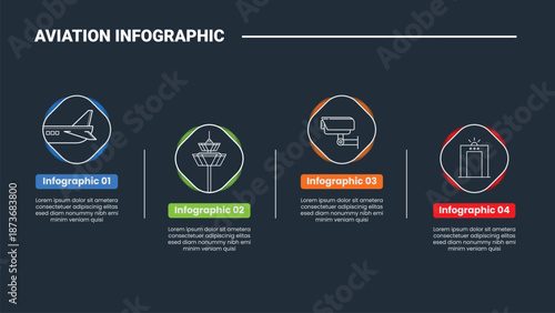 aviation infographic process diagram with round rhombus horizontal up and down with dark background bright outline style 4 points