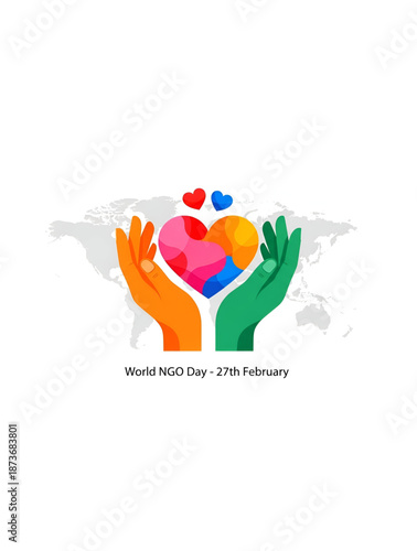 World NGO day global charity illustration with caring hands holding colorful heart symbol over world map showing nonprofit support compassion and humanitarian service