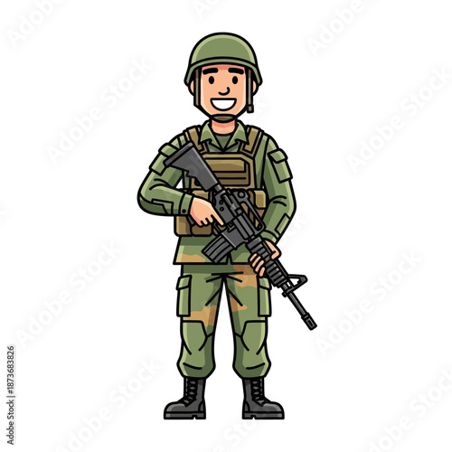 Smiling Cartoon Soldier Holding Rifle, Military Uniform, Flat Design